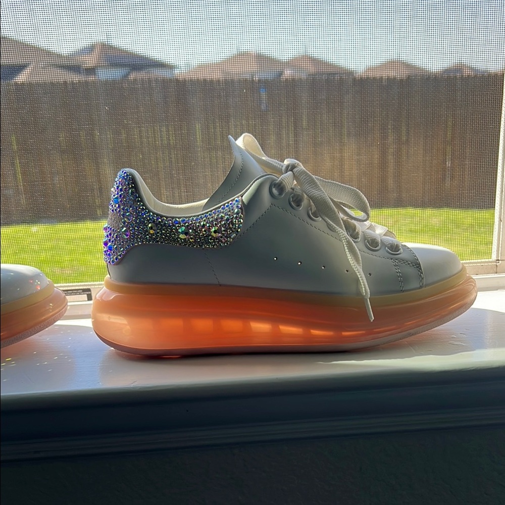 White Sneakers with Orange Sole and Rhinestone Detail